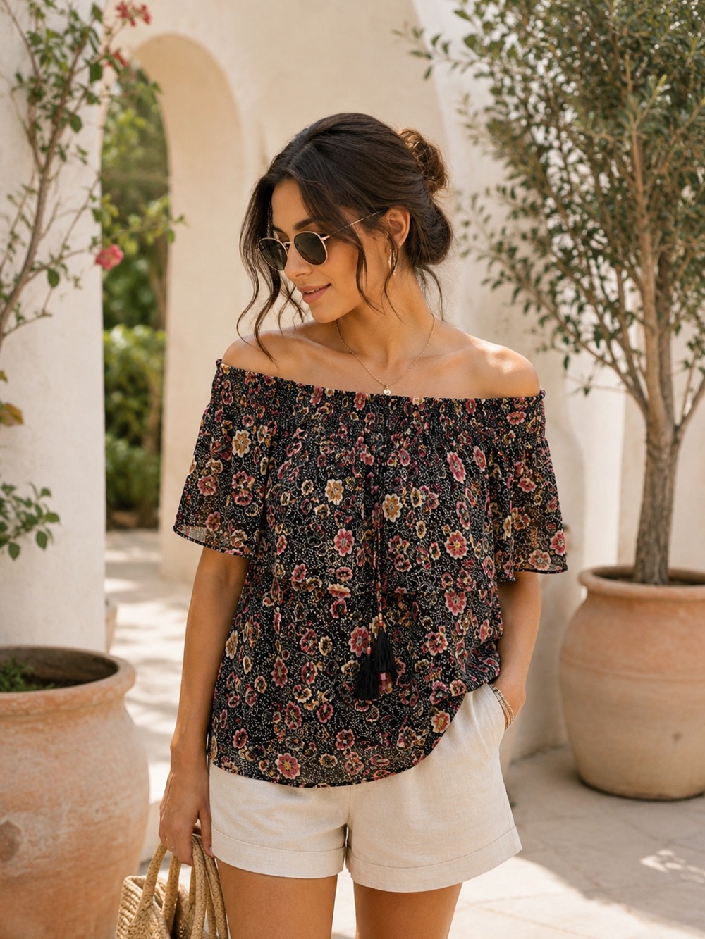 Rebecca Minkoff Ghiradelle Off‎ Shoulder Ruffled Top Small Floral Black halter